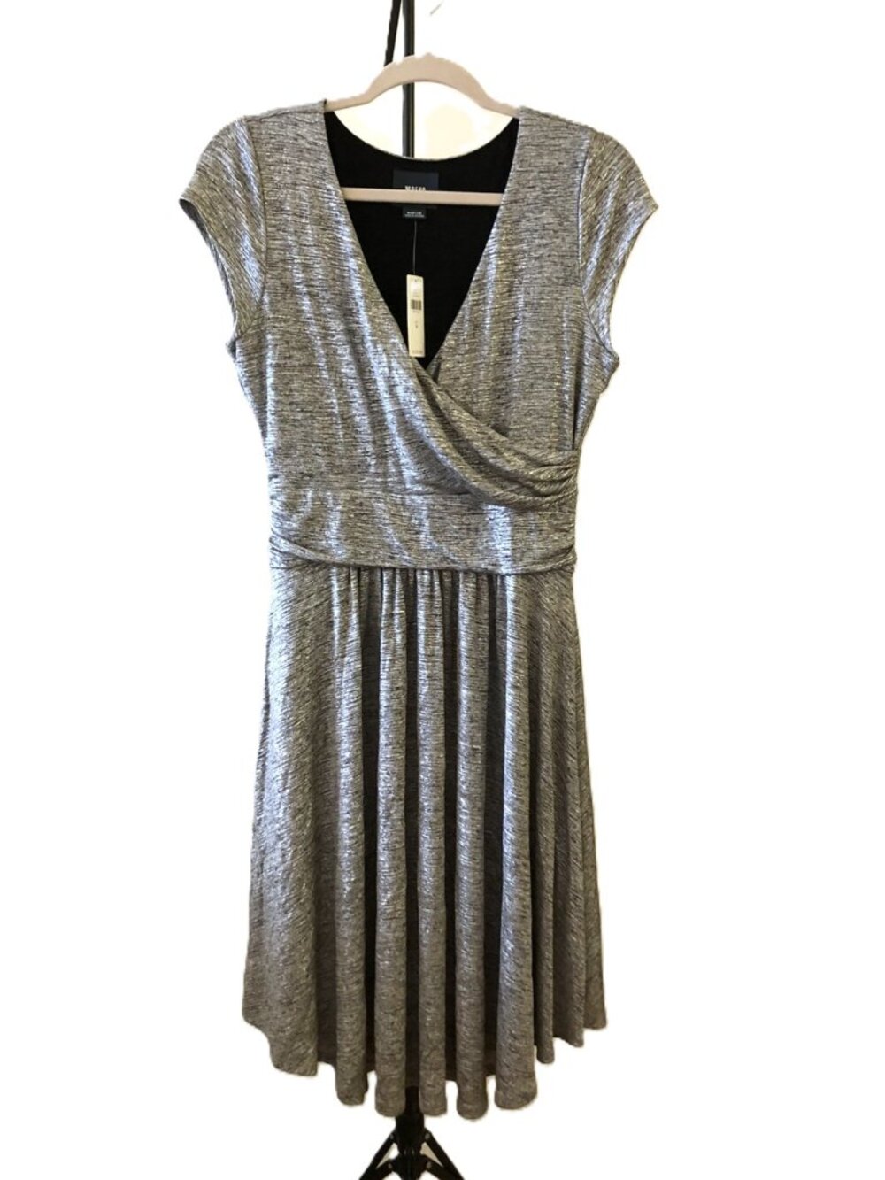 Anthropologie Maeve Faux Wrap Dress Silver Metallic Surplice Cap Sleeve Size M